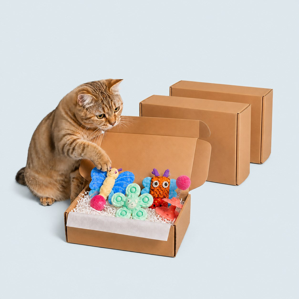 Three MEWMORA prepaid monthly cat toy boxes with 5–7 surprise toys in each delivery