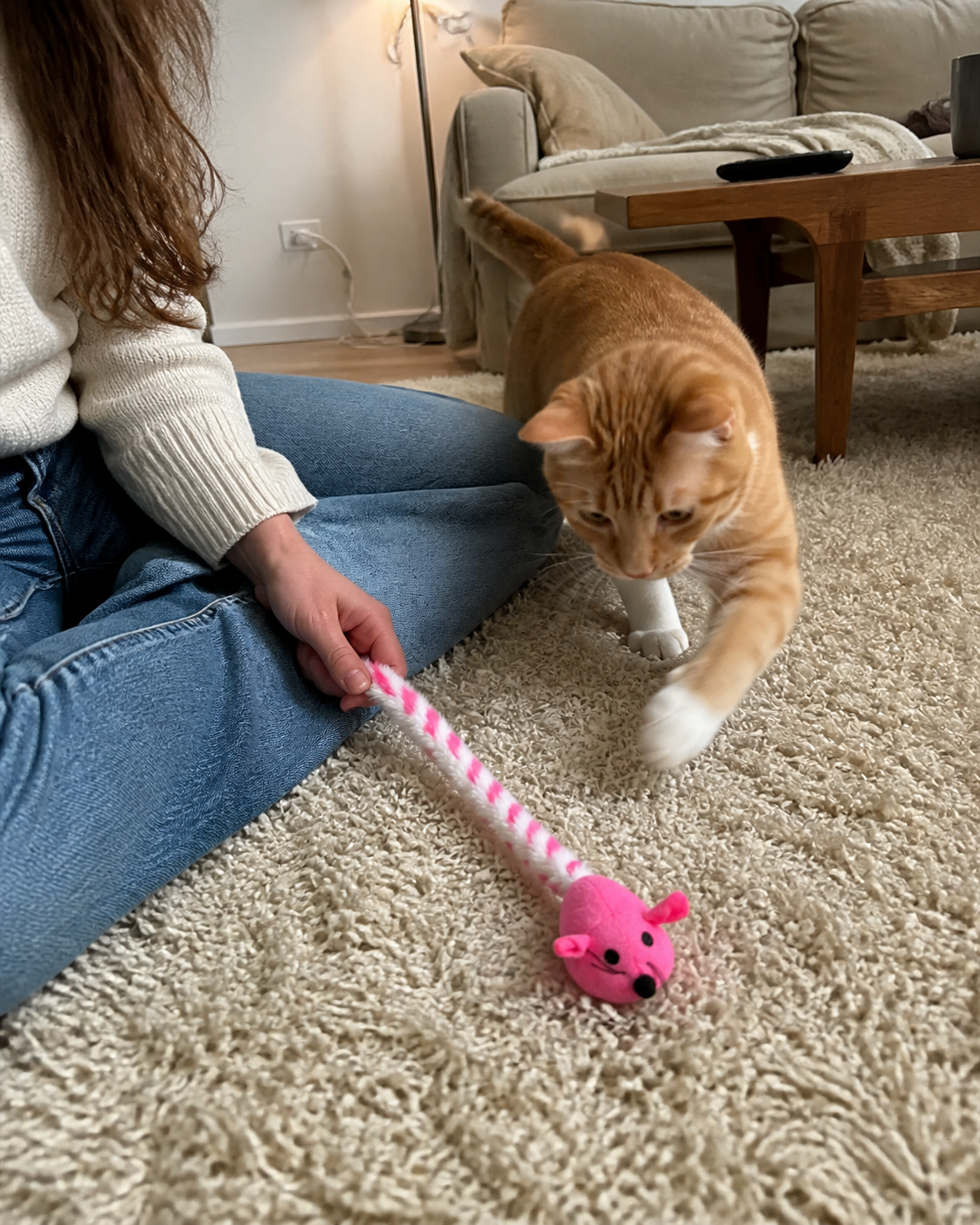 Orange tabby cat playing with a long pink mouse toy