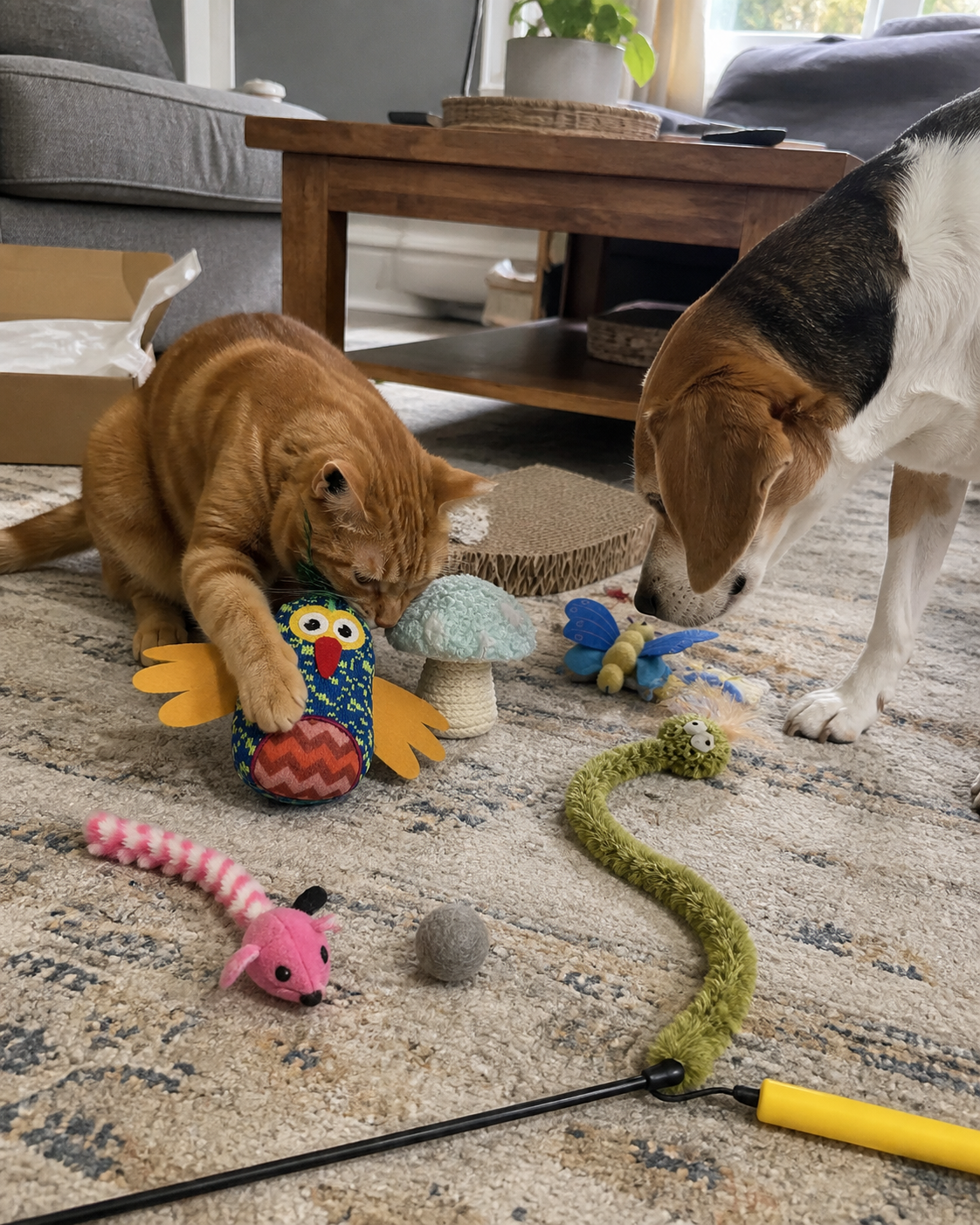 Orange cat and dog exploring a colorful assortment of toys
